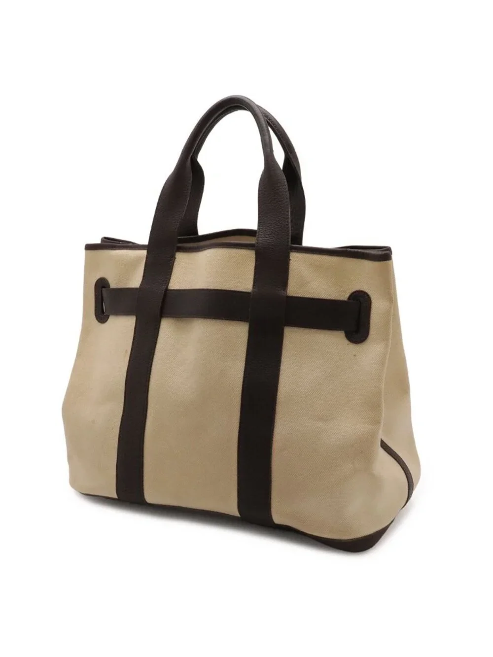 Hermes Petite Ceinture MM Tote Canvas Leather Ivory Dark Brown